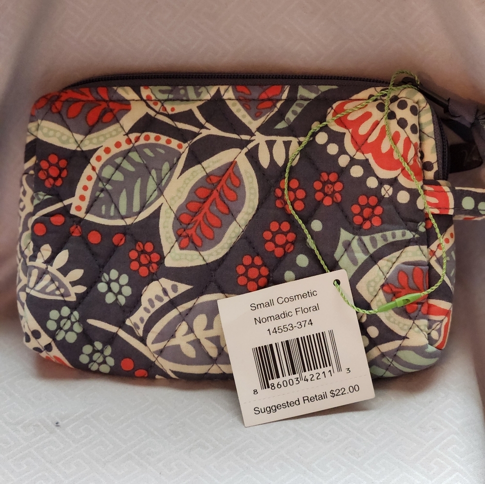 Vera Bradley Small Cosmetic Bag Measures  7" x 5" Gray/Creme/Red